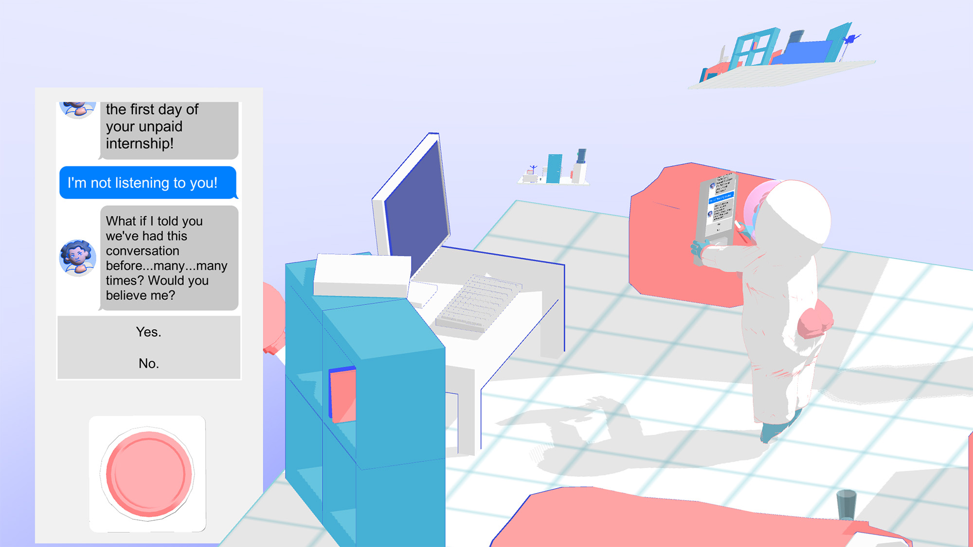 Screenshot of the desktop version of Intern Purgatory showing the iPhone-Bop-it style interface on the left.