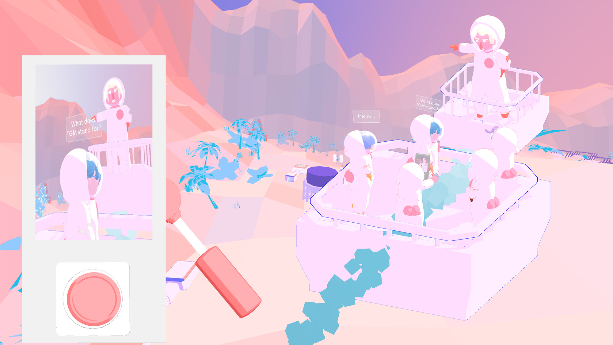 In-game screen capture showing the iPhone-Bop-it style narrative control system in the 2024 headset and desktop edition.