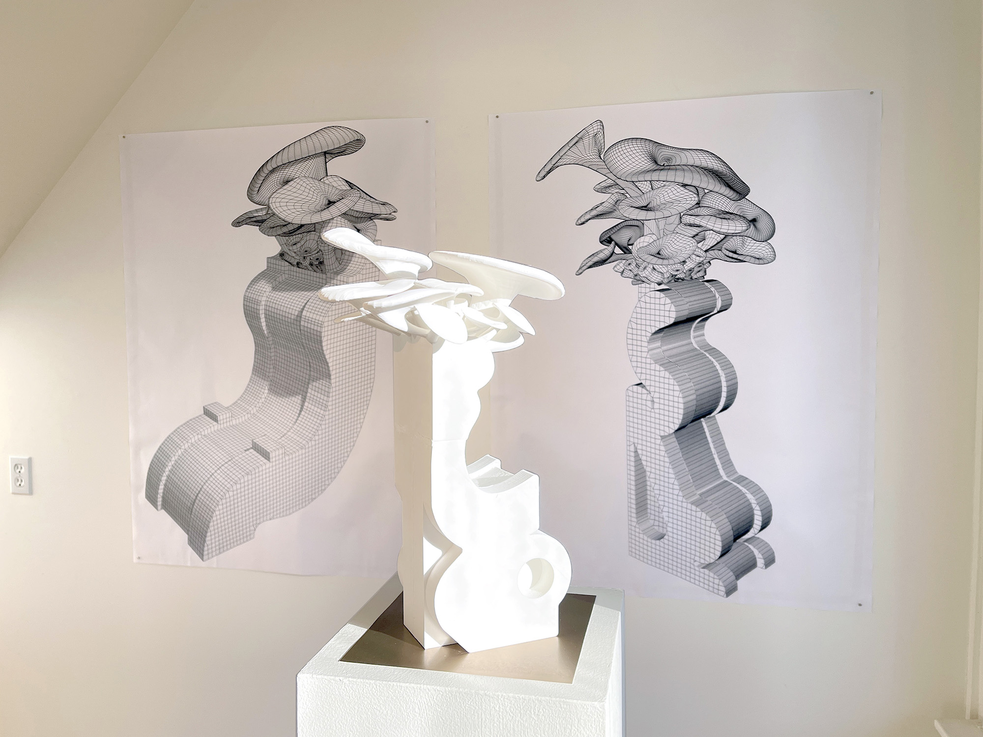 Detail of 3D-printed Ornamushroom forms with their digital renderings.